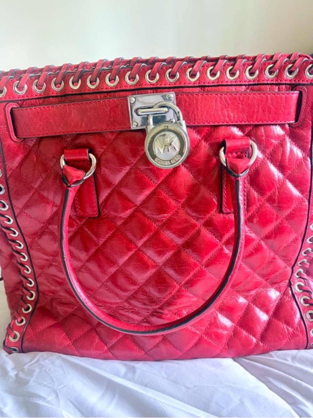 Michael Kors Red Quilted Leather Satchel with MK Lock